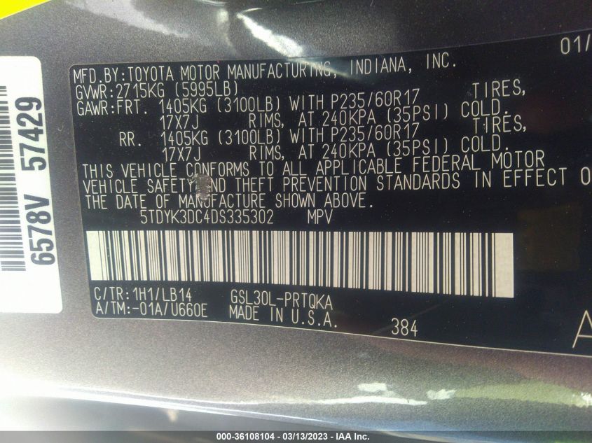 2013 TOYOTA SIENNA XLE AAS/XLE/LTD - 5TDYK3DC4DS335302