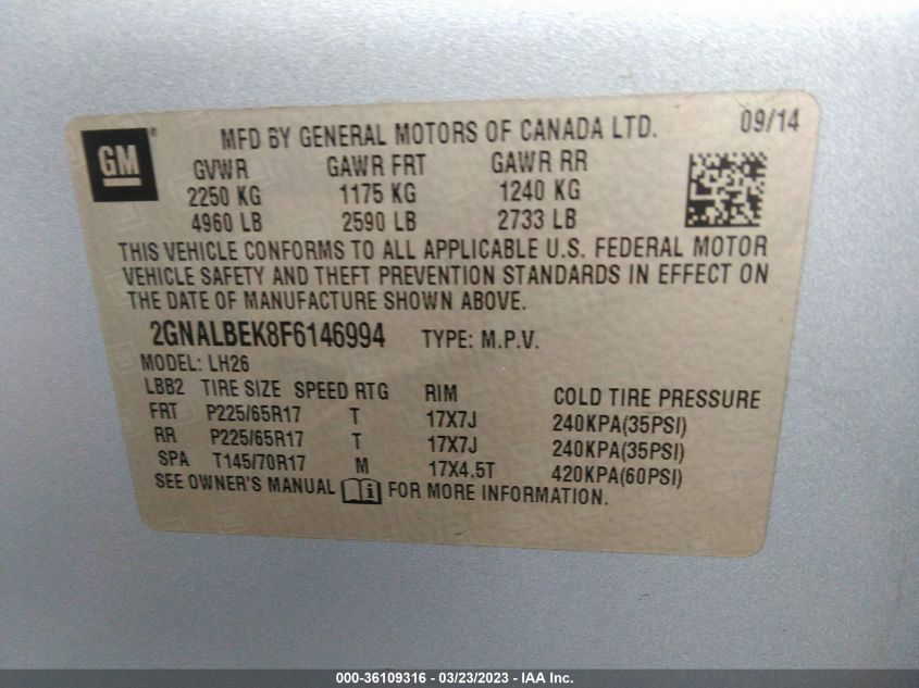 2015 CHEVROLET EQUINOX LT - 2GNALBEK8F6146994