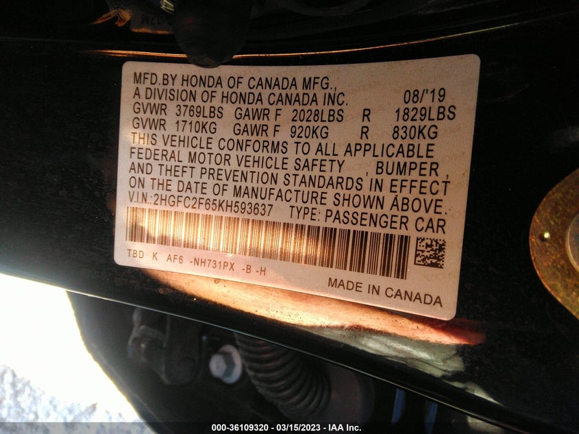 VIN 2HGFC2F65KH593637 2019 HONDA CIVIC SEDAN LX