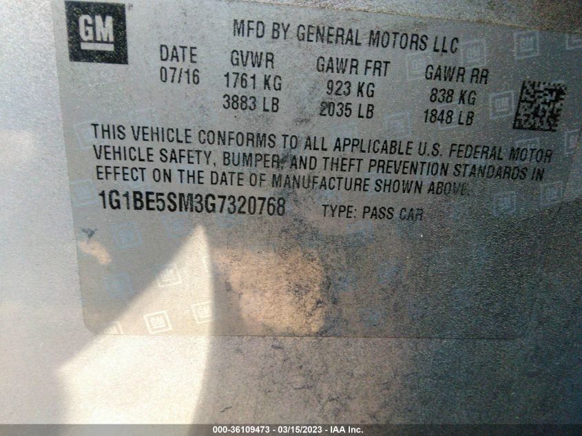 2016 CHEVROLET CRUZE LT - 1G1BE5SM3G7320768