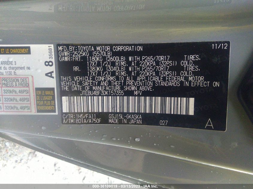 2013 TOYOTA FJ CRUISER JTEBU4BF3DK157355
