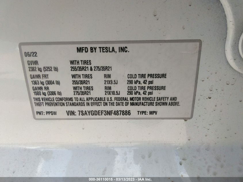 2022 TESLA MODEL Y PERFORMANCE - 7SAYGDEF3NF487886