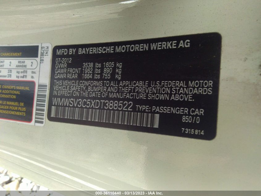 2013 MINI COOPER HARDTOP S - WMWSV3C5XDT388522