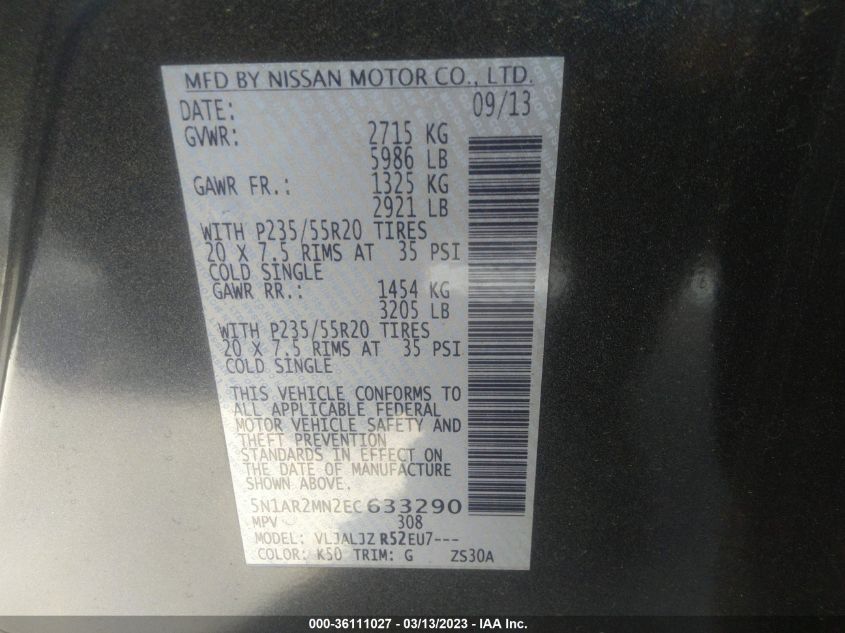2014 NISSAN PATHFINDER PLATINUM - 5N1AR2MN2EC633290