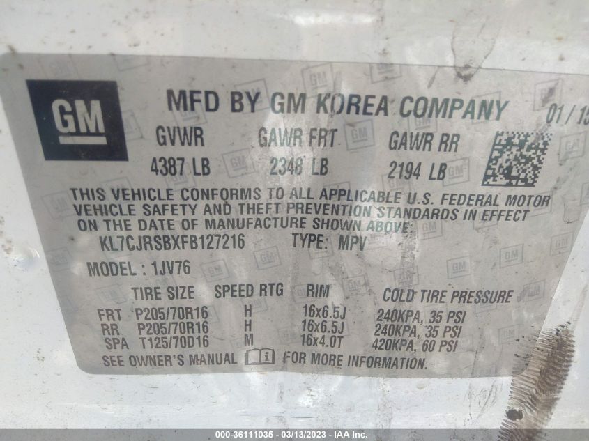 2015 CHEVROLET TRAX LT - KL7CJRSBXFB127216