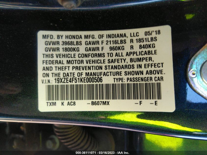 2019 HONDA INSIGHT EX 19XZE4F51KE000506