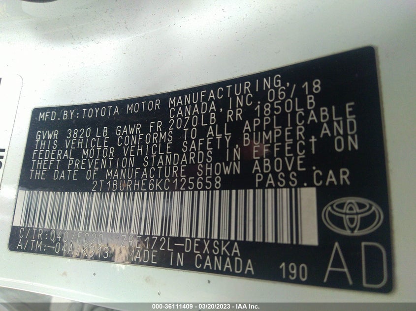 VIN 2T1BURHE6KC125658 2019 TOYOTA COROLLA L/LE/SE/XLE/XSE