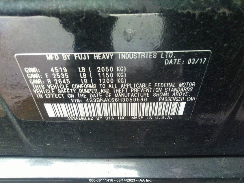 VIN 4S3BNAK66H3059596 2017 SUBARU LEGACY LIMITED