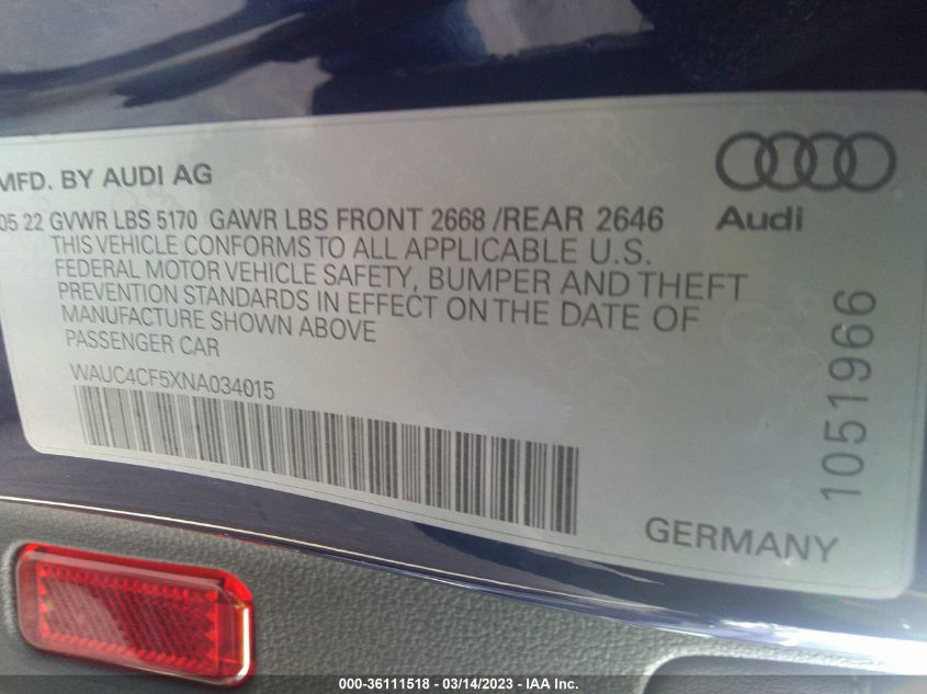 2022 AUDI S5 SPORTBACK PREMIUM PLUS WAUC4CF5XNA034015