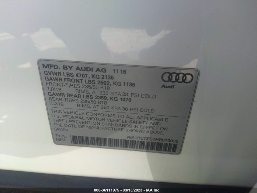 2017 AUDI Q3 PREMIUM - WA1BCCFS7HR010035