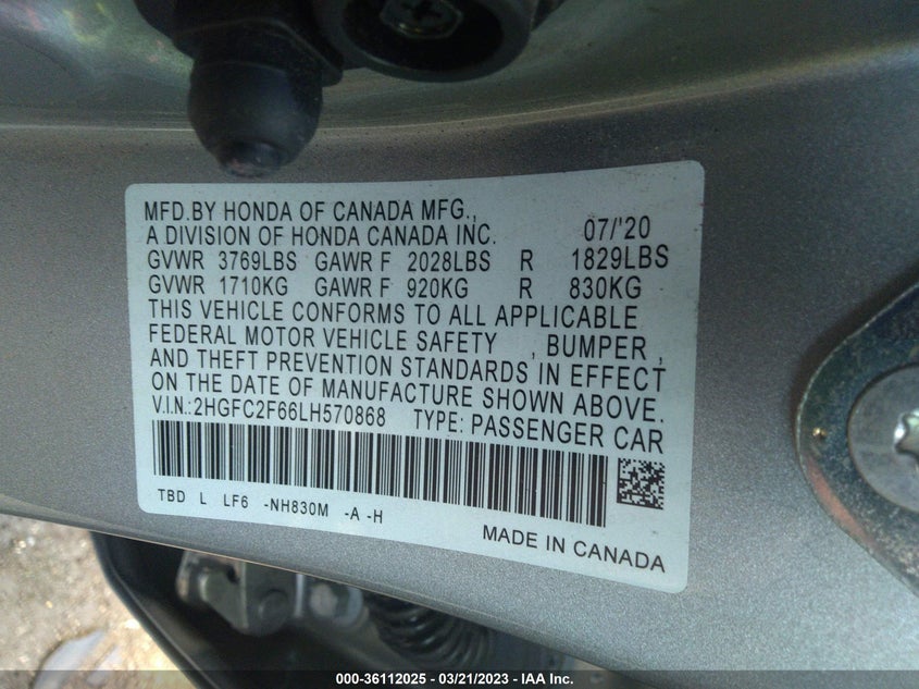VIN 2HGFC2F66LH570868 2020 HONDA CIVIC SEDAN LX
