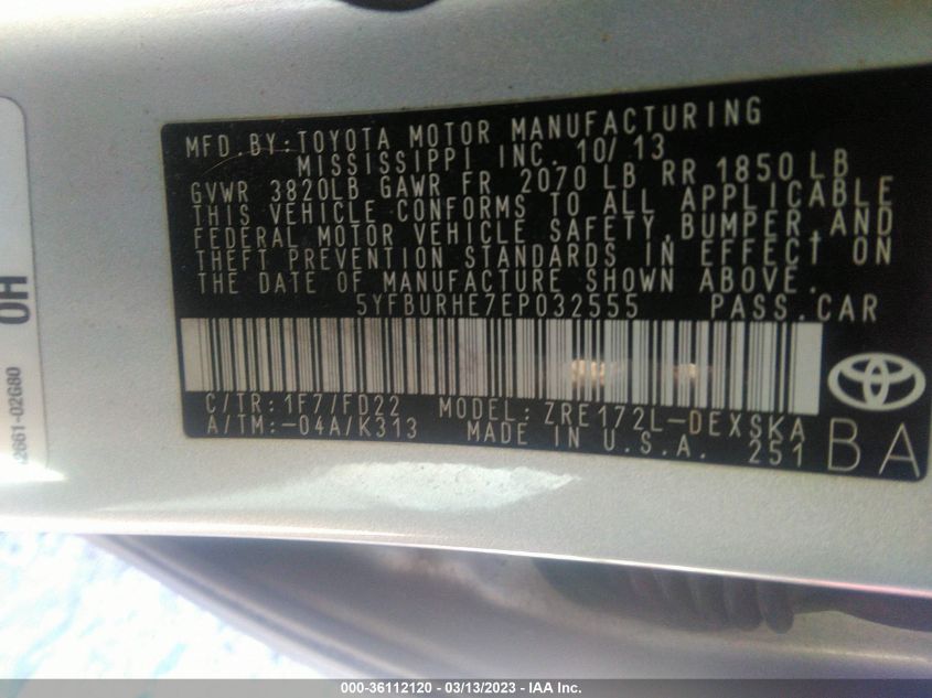 2014 TOYOTA COROLLA L/LE/S/S PLUS/LE PLUS - 5YFBURHE7EP032555