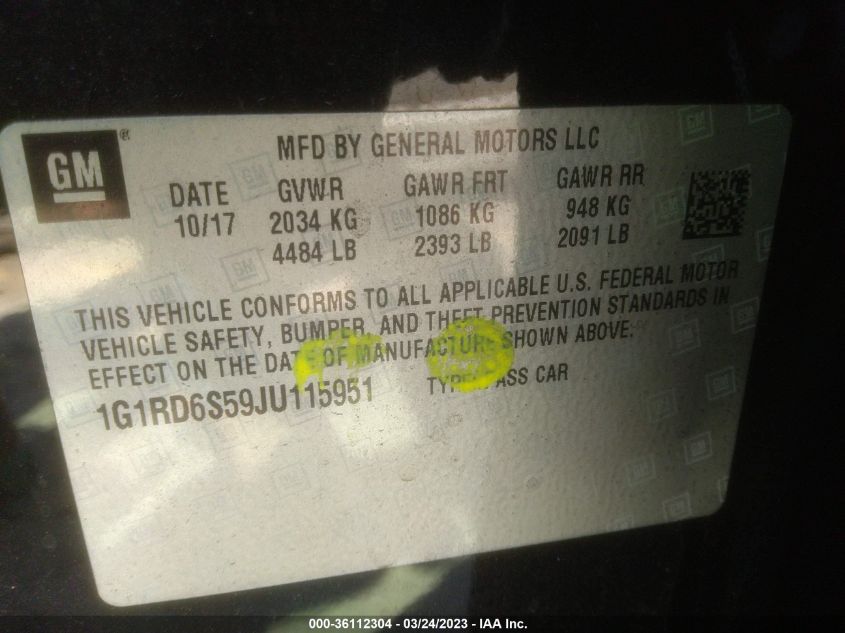 2018 CHEVROLET VOLT PREMIER - 1G1RD6S59JU115951