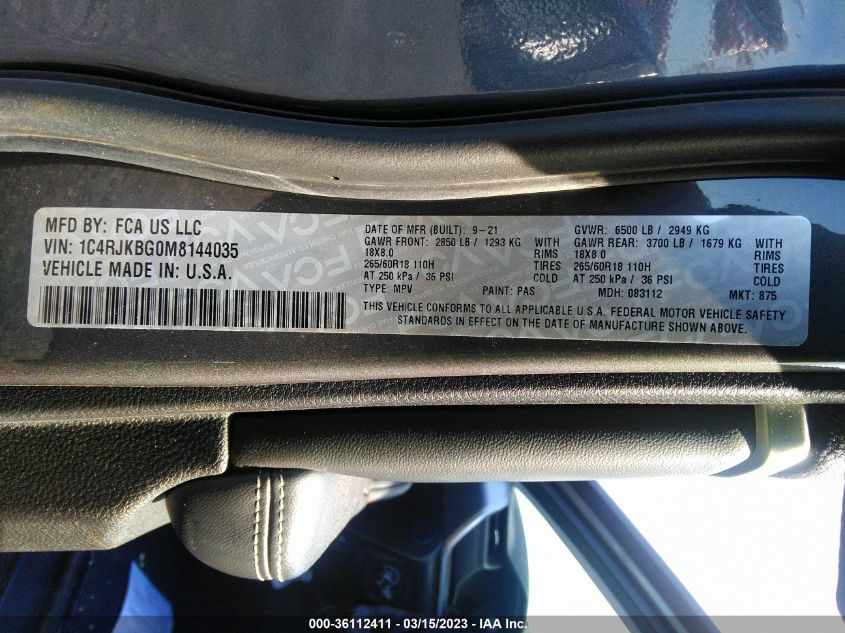 2021 JEEP GRAND CHEROKEE L LIMITED 1C4RJKBG0M8144035