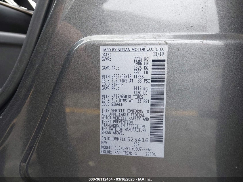 VIN 5N1DL0MM7LC525416 2020 INFINITI QX60 PURE