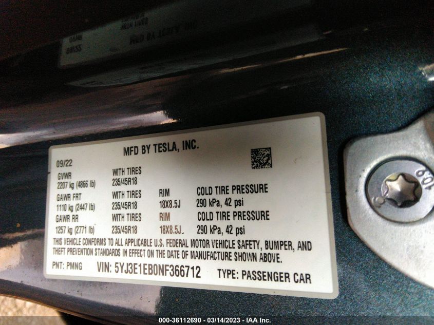 2022 TESLA MODEL 3 LONG RANGE - 5YJ3E1EB0NF366712
