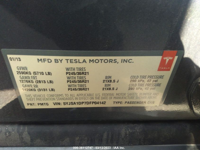 2013 TESLA MODEL S PERFORMANCE - 5YJSA1DP7DFP04142