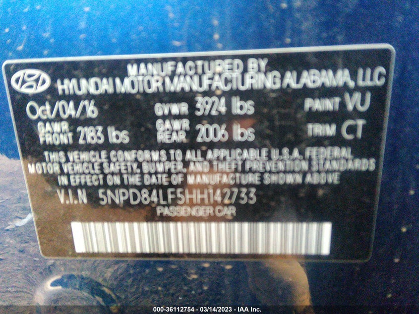 VIN 5NPD84LF5HH142733 2017 HYUNDAI ELANTRA VALUE EDITION