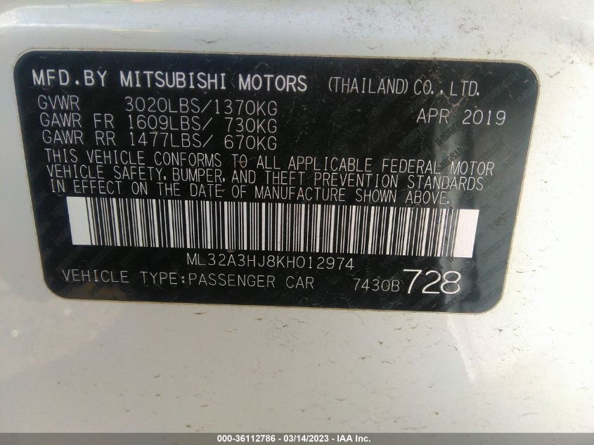 2019 MITSUBISHI MIRAGE ES/RF - ML32A3HJ8KH012974