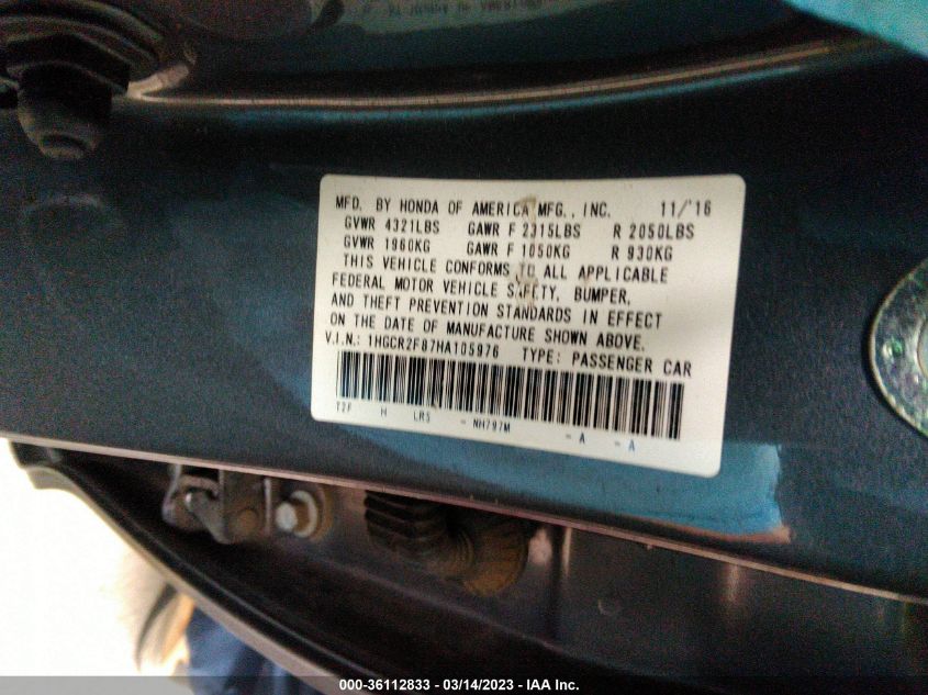 2017 HONDA ACCORD SEDAN EX-L - 1HGCR2F87HA105976