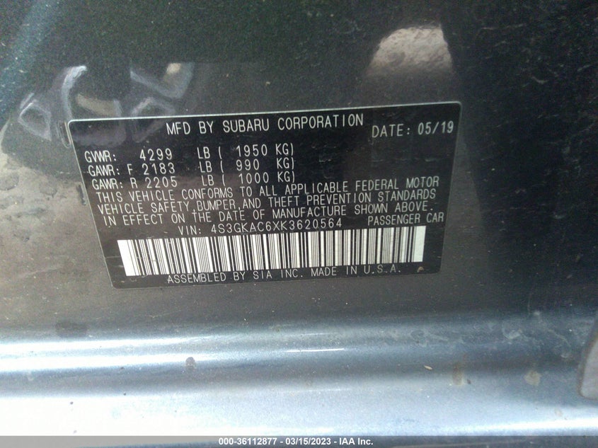 VIN 4S3GKAC6XK3620564 2019 SUBARU IMPREZA PREMIUM