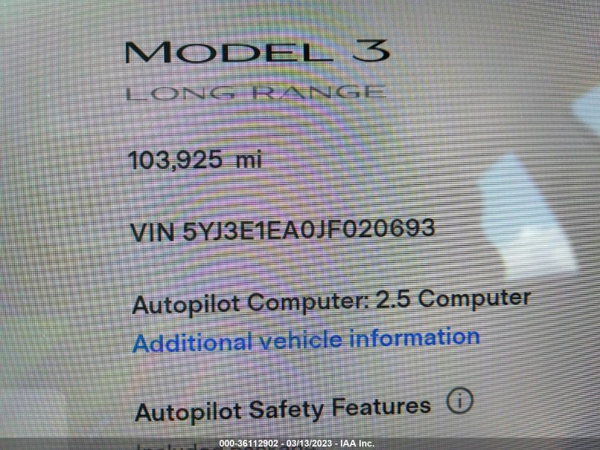 2018 TESLA MODEL 3 RANGE BATTERY - 5YJ3E1EA0JF020693