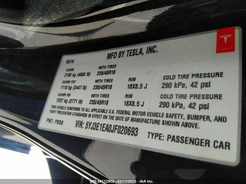2018 TESLA MODEL 3 RANGE BATTERY - 5YJ3E1EA0JF020693