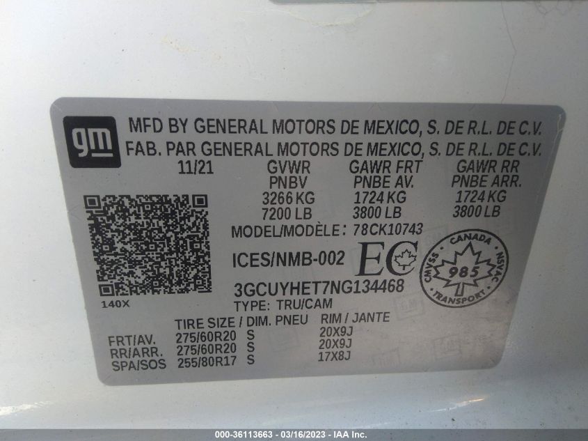 2022 CHEVROLET SILVERADO 1500 LTD HIGH COUNTRY - 3GCUYHET7NG134468