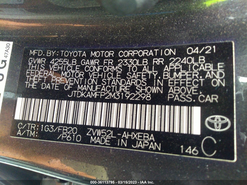 VIN JTDKAMFP2M3192298 2021 TOYOTA PRIUS PRIME LE/XLE/LIMITED