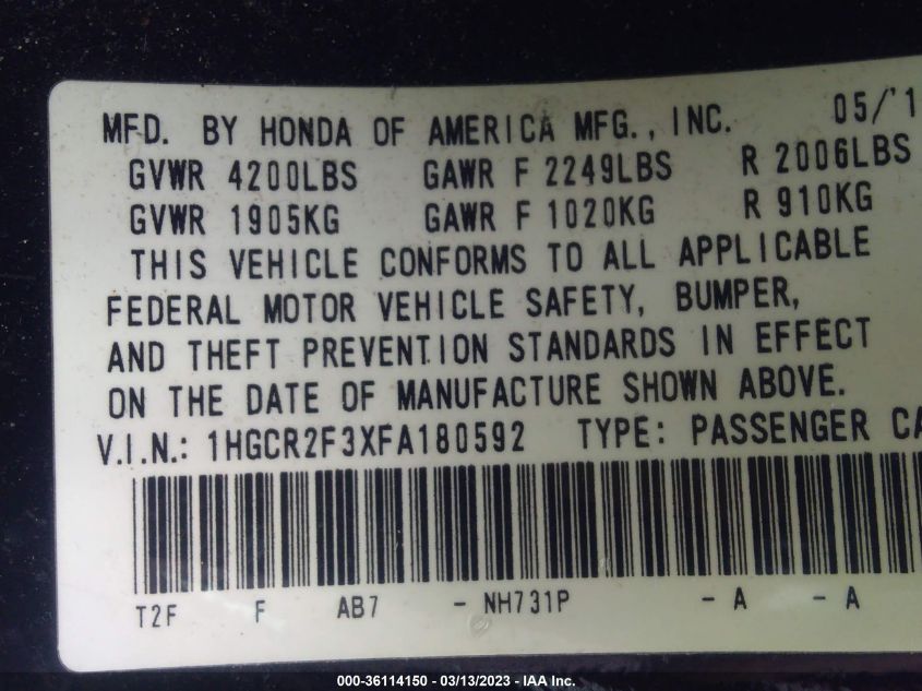 2015 HONDA ACCORD SEDAN LX - 1HGCR2F3XFA180592