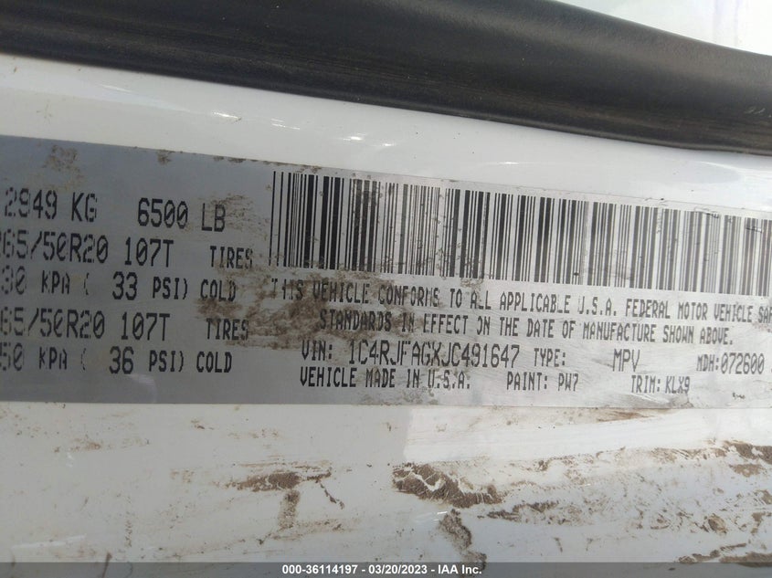 VIN 1C4RJFAGXJC491647 2018 JEEP GRAND CHEROKEE ALTITUDE