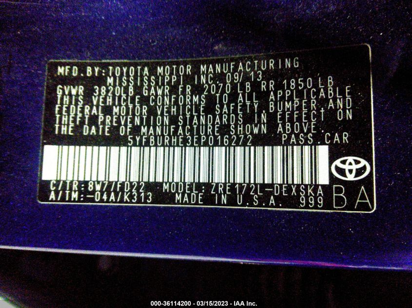 2014 TOYOTA COROLLA L/LE/S/S PLUS/LE PLUS - 5YFBURHE3EP016272