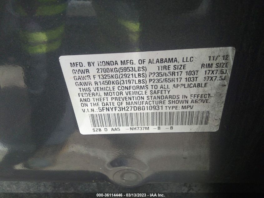 2013 HONDA PILOT LX - 5FNYF3H27DB010931