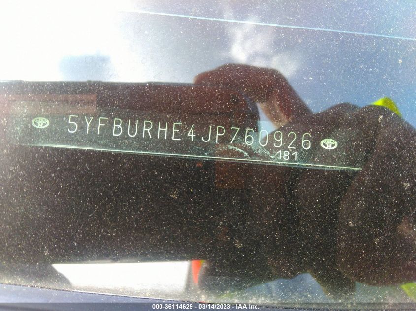 2018 TOYOTA COROLLA L/LE/XLE/SE/XSE - 5YFBURHE4JP760926