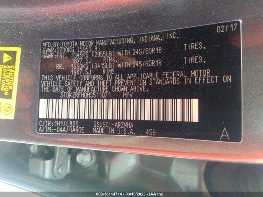 VIN 5TDKZRFH0HS511071 2017 TOYOTA HIGHLANDER XLE/SE