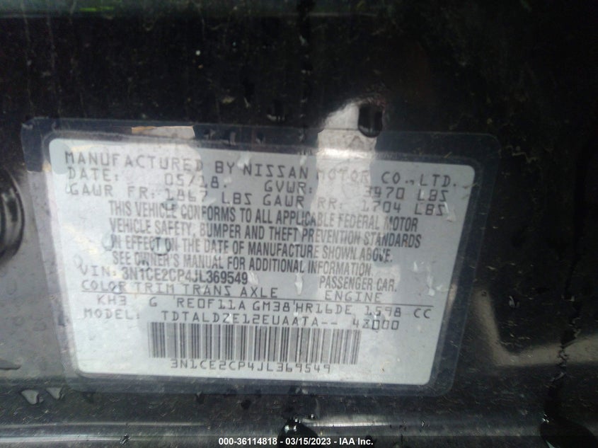 VIN 3N1CE2CP4JL369549 2018 NISSAN VERSA NOTE SV