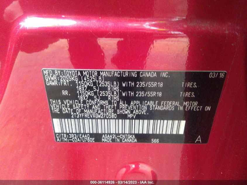 2016 TOYOTA RAV4 LIMITED - 2T3YFREVXGW270580