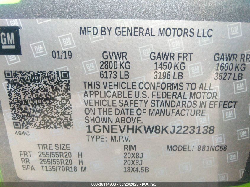 2019 CHEVROLET TRAVERSE LT LEATHER - 1GNEVHKW8KJ223138
