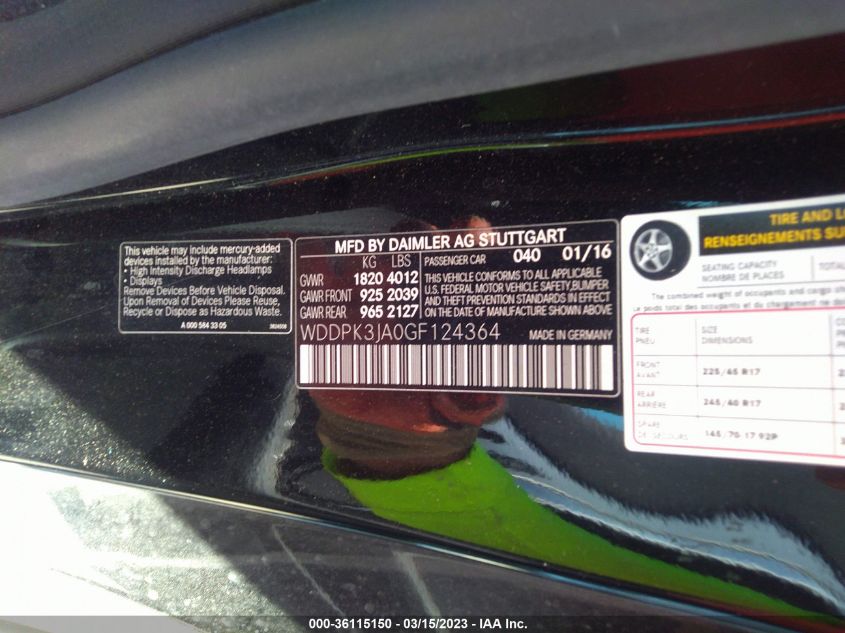2016 MERCEDES-BENZ SLK SLK 300 - WDDPK3JA0GF124364