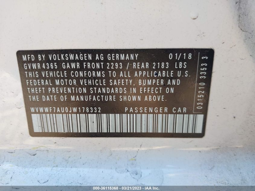 2018 VOLKSWAGEN GOLF R WVWWF7AU0JW178332