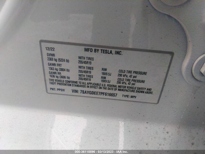 2023 TESLA MODEL Y LONG RANGE - 7SAYGDEE7PF616657