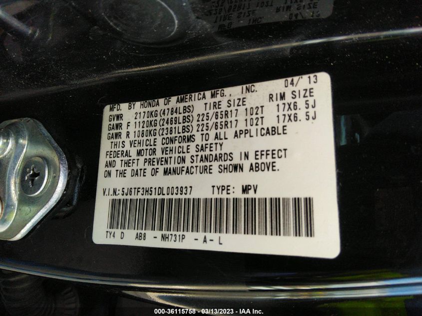 2013 HONDA CROSSTOUR EX-L - 5J6TF3H51DL003937