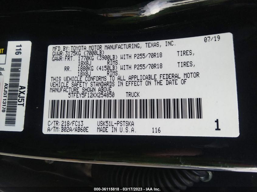 2019 TOYOTA TUNDRA 2WD SR5/LIMITED/PLATINUM 5TFEY5F12KX254850