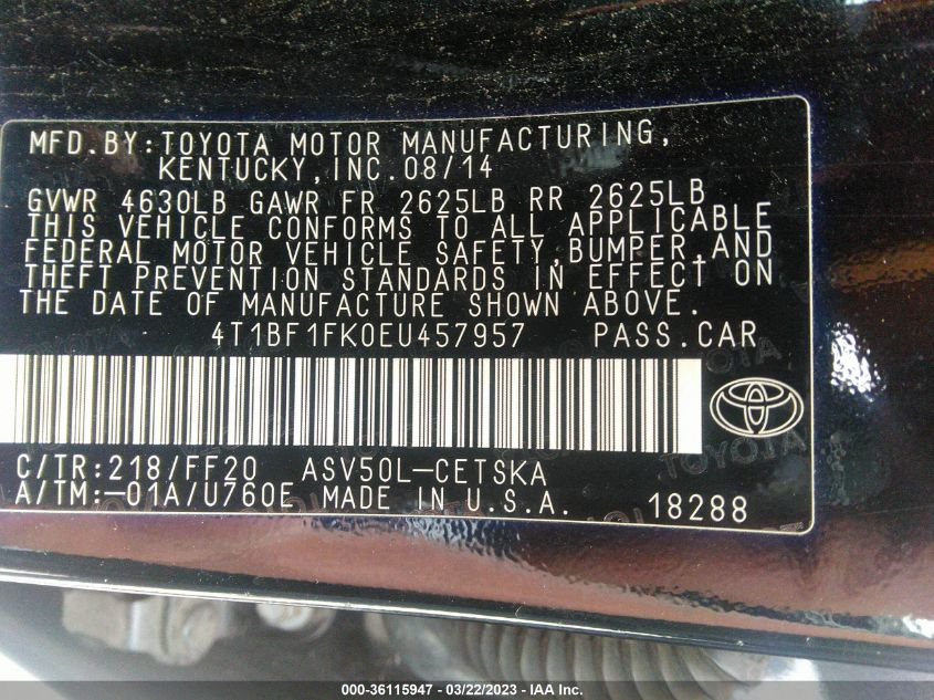 2014 TOYOTA CAMRY L/LE/XLE/SE/SE SPORT - 4T1BF1FK0EU457957