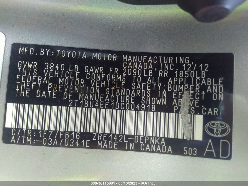 2013 TOYOTA COROLLA L/LE/S - 2T1BU4EE1DC004918
