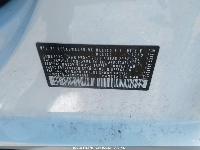 VIN 3VWCB7BU3KM227051 2019 VOLKSWAGEN JETTA S/SE/R-LINE