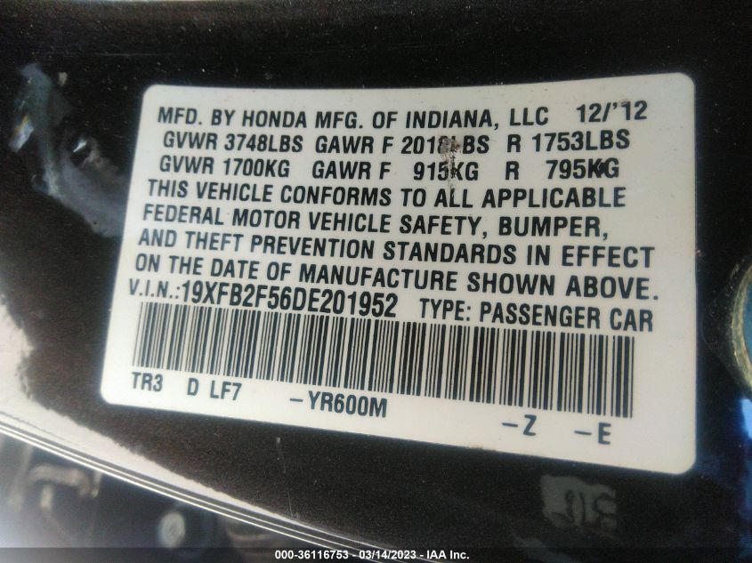 2013 HONDA CIVIC SDN LX - 19XFB2F56DE201952