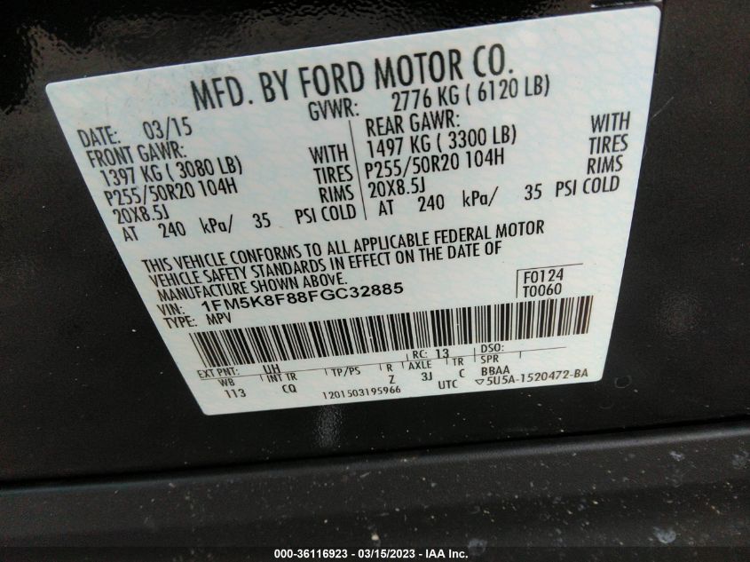 2015 FORD EXPLORER LIMITED - 1FM5K8F88FGC32885