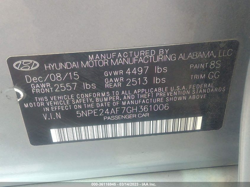 2016 HYUNDAI SONATA 2.4L SE - 5NPE24AF7GH361006