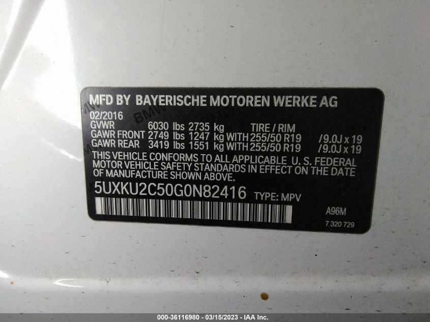 2016 BMW X6 XDRIVE35I - 5UXKU2C50G0N82416